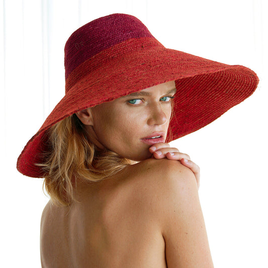 Riri Duo Jute Straw Hat, in Maroon & Red